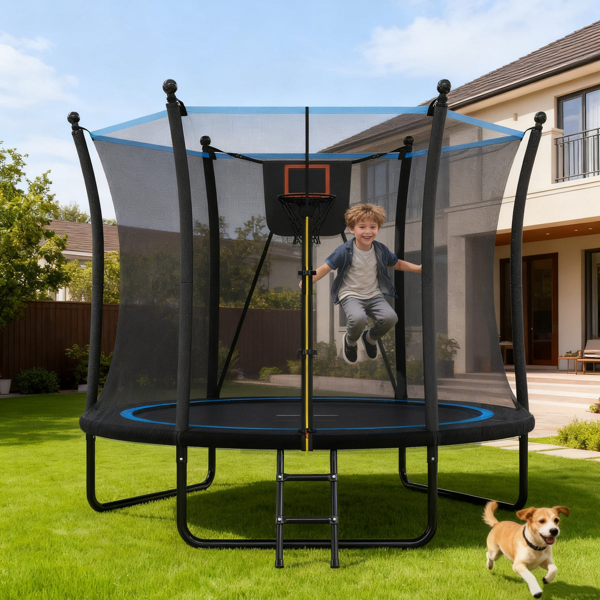 8FT Trampoline with Enclosure net and Ladder, Outdoor Trampoline for Kids and Toddlers, Backyard Recreational Trampoline