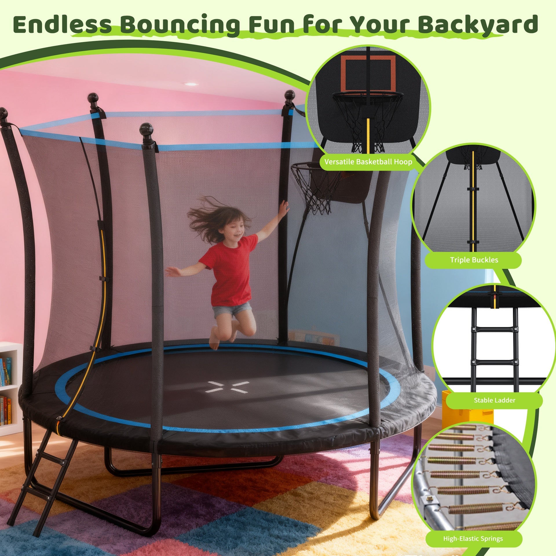 8FT Trampoline with Enclosure net and Ladder, Outdoor Trampoline for Kids and Toddlers, Backyard Recreational Trampoline