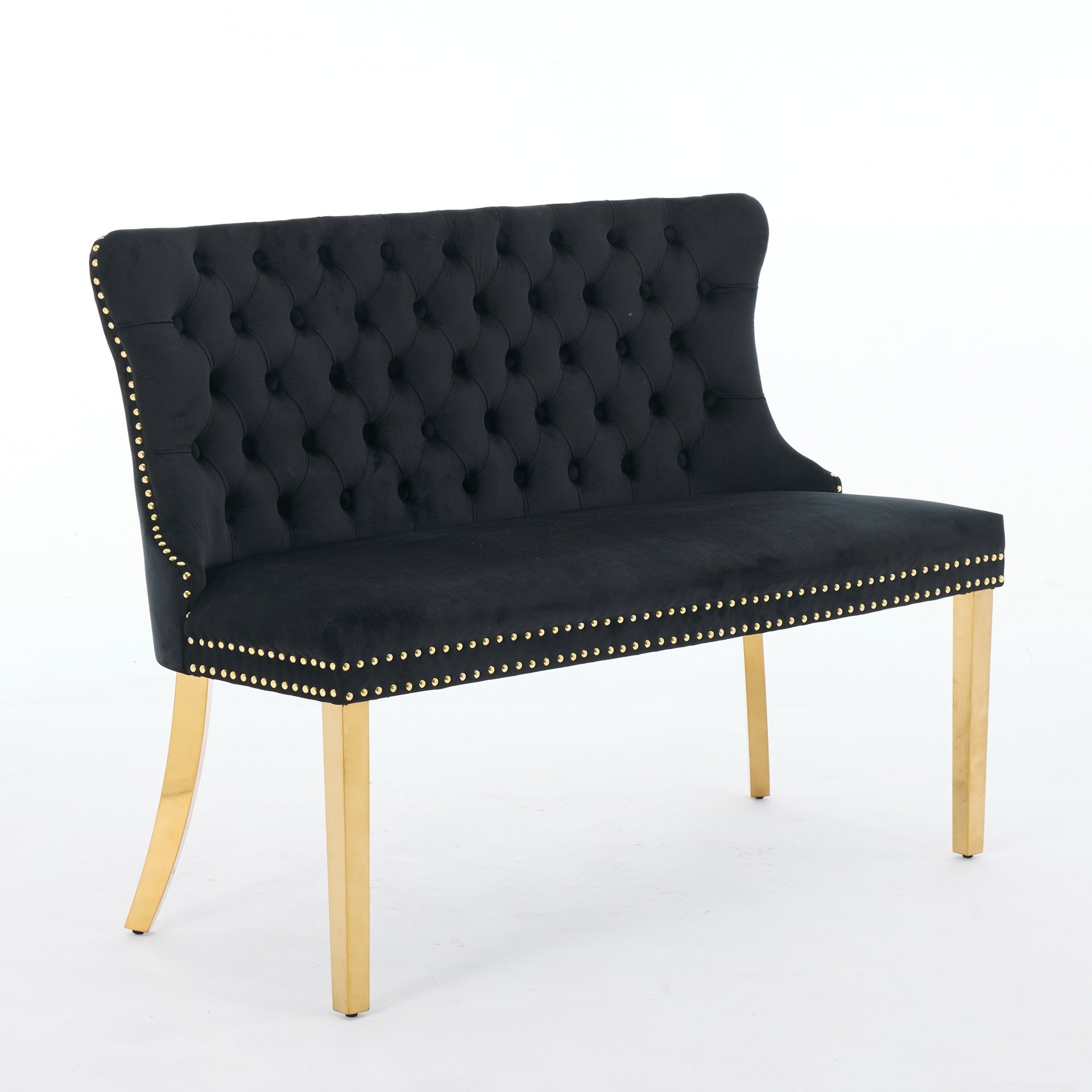 Velvet Double Dining Loveseat Bench, Kitchen & Dining Seating, 2-Seat Tufted Bench w/Handmade Buttons, Wing Back, Gold-Plated Steel Legs, Mid Century Modern,Single Pack,Black,SW1602BK