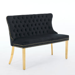 Velvet Double Dining Loveseat Bench, Kitchen & Dining Seating, 2-Seat Tufted Bench w/Handmade Buttons, Wing Back, Gold-Plated Steel Legs, Mid Century Modern,Single Pack,Black,SW1602BK