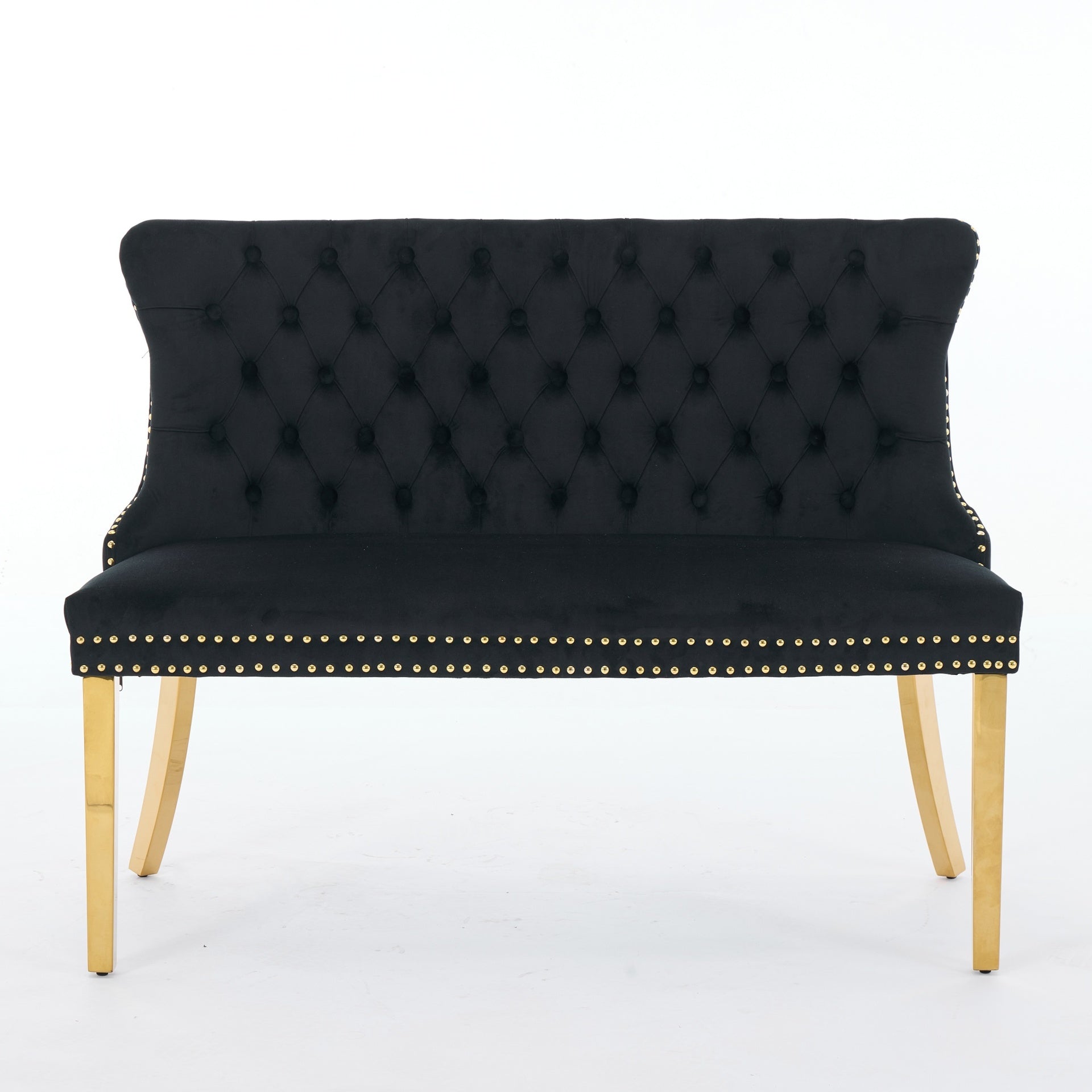 Velvet Double Dining Loveseat Bench, Kitchen & Dining Seating, 2-Seat Tufted Bench w/Handmade Buttons, Wing Back, Gold-Plated Steel Legs, Mid Century Modern,Single Pack,Black,SW1602BK