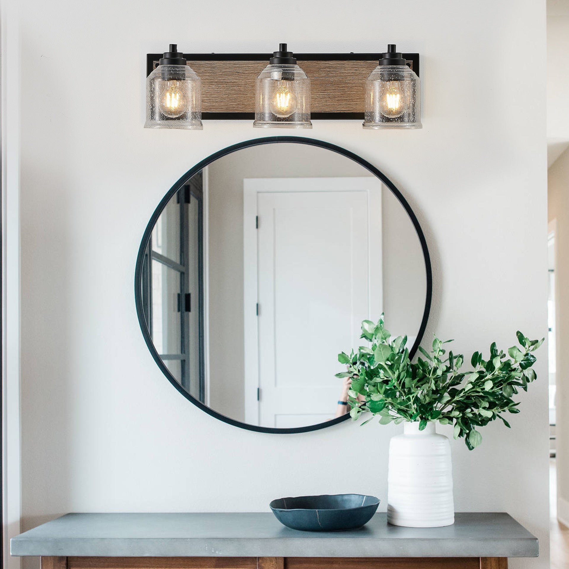 23" Farmhouse Vanity Light Fixture, 3-Light Bathroom Wall Sconce with Clear Seeded Glass Shades, Black and Wood Grain Finish, Modern Industrial Design for Bathroom or Powder Room (No Bulbs)