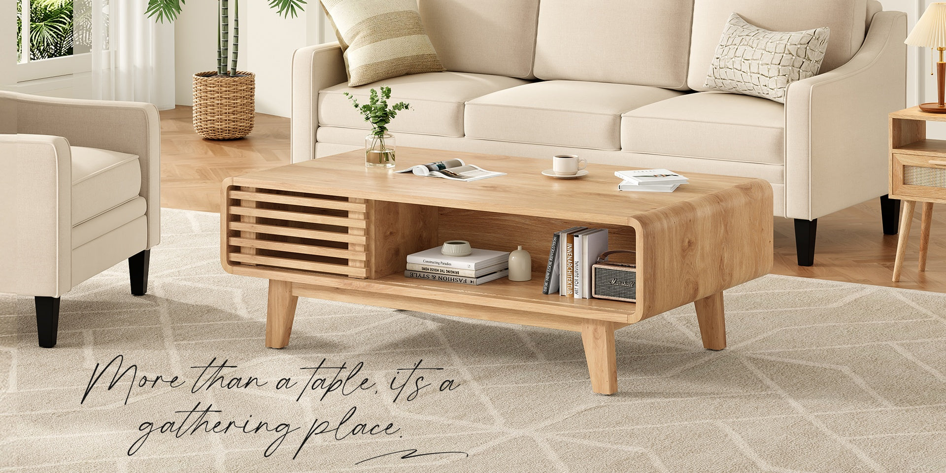 Coffee Table, Living Room Tables, Modern Table with Storage, Mid Century Farmhouse Wood Coffee Table for Living Room
