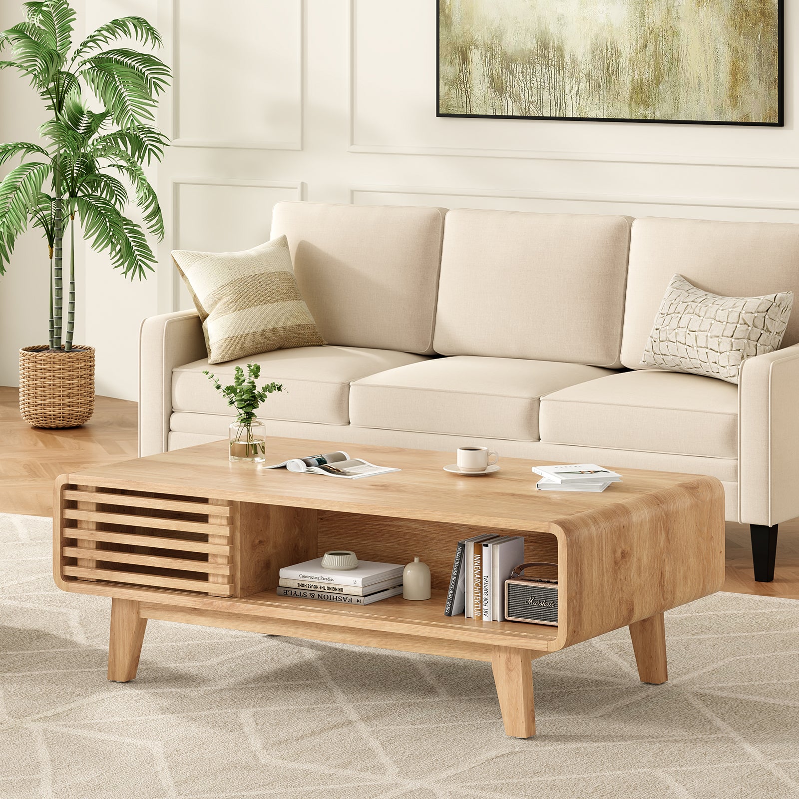 Coffee Table, Living Room Tables, Modern Table with Storage, Mid Century Farmhouse Wood Coffee Table for Living Room