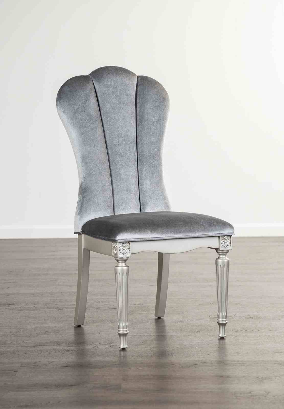 Silver And Light Gray Finish Glam Style 2pc Side Chair Fluted Legs Upholstered Seat Dining Room