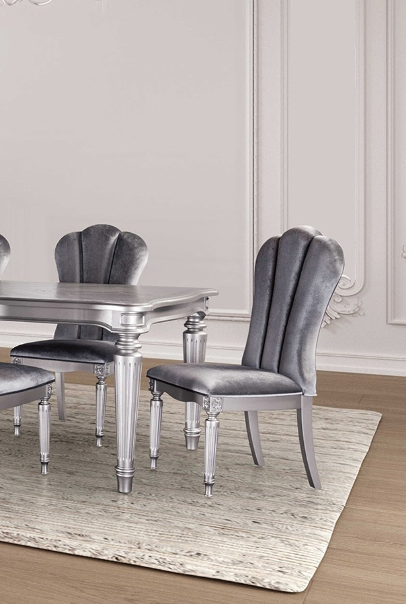 Silver And Light Gray Finish Glam Style 2pc Side Chair Fluted Legs Upholstered Seat Dining Room