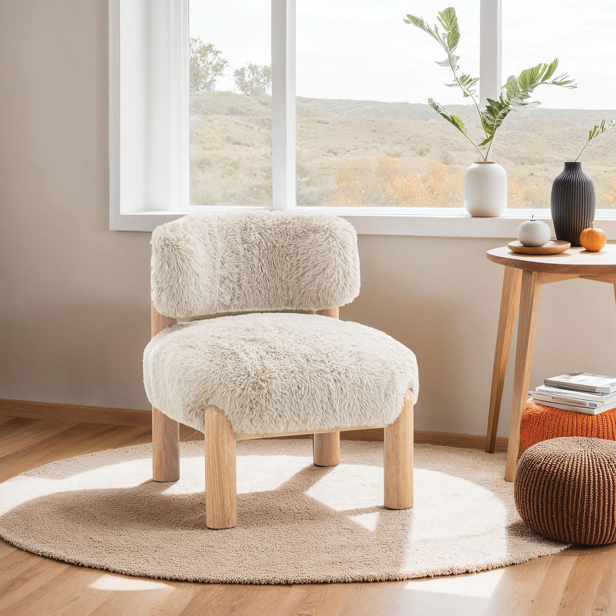 Contemporary Style Accent Chair Curved Backrest Wooden Legs Fur Fabric Taupe Finish Primary Living Room