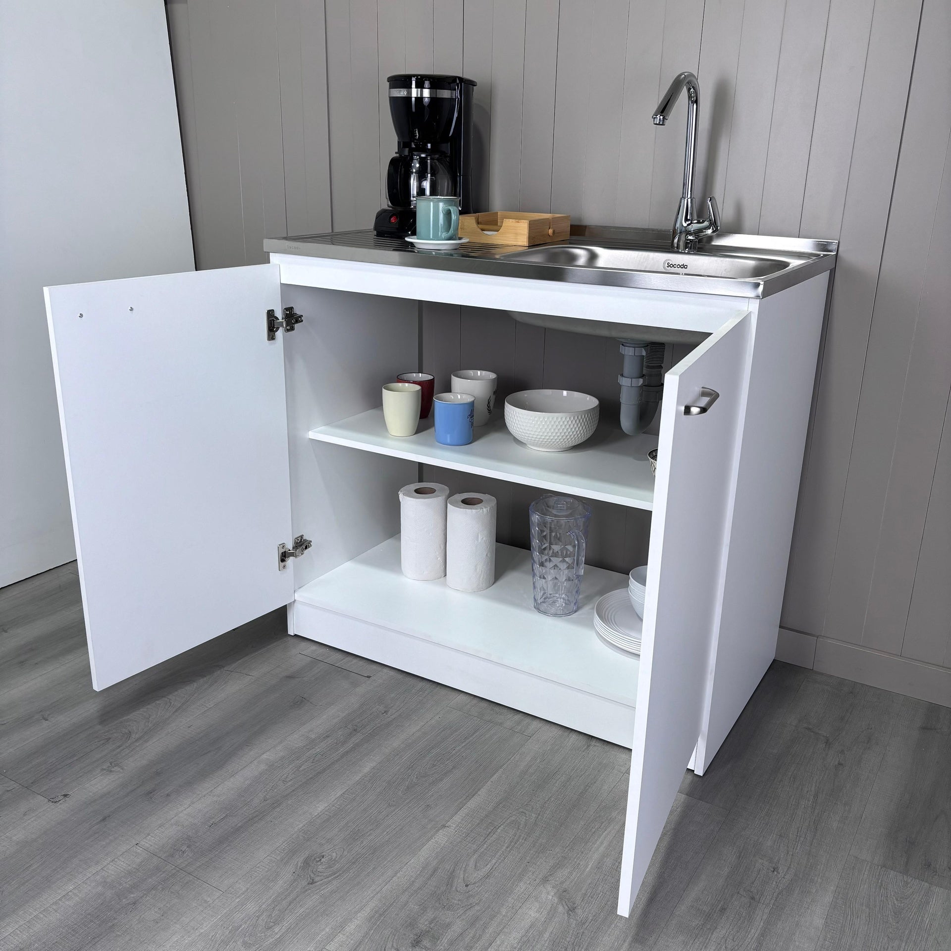 Napoles Utility Sink With Cabinet, Double Door, One Shelf -White