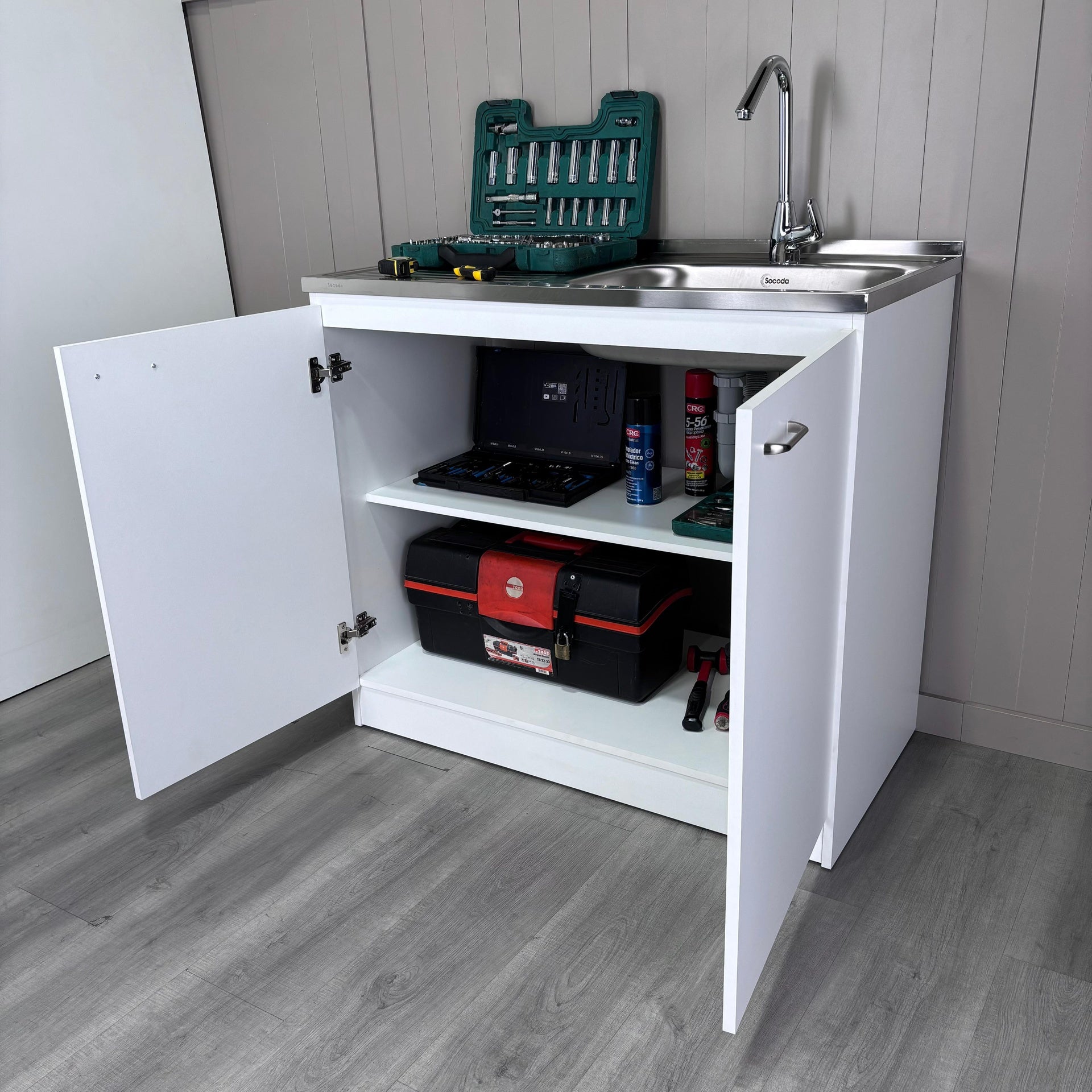 Napoles Utility Sink With Cabinet, Double Door, One Shelf -White