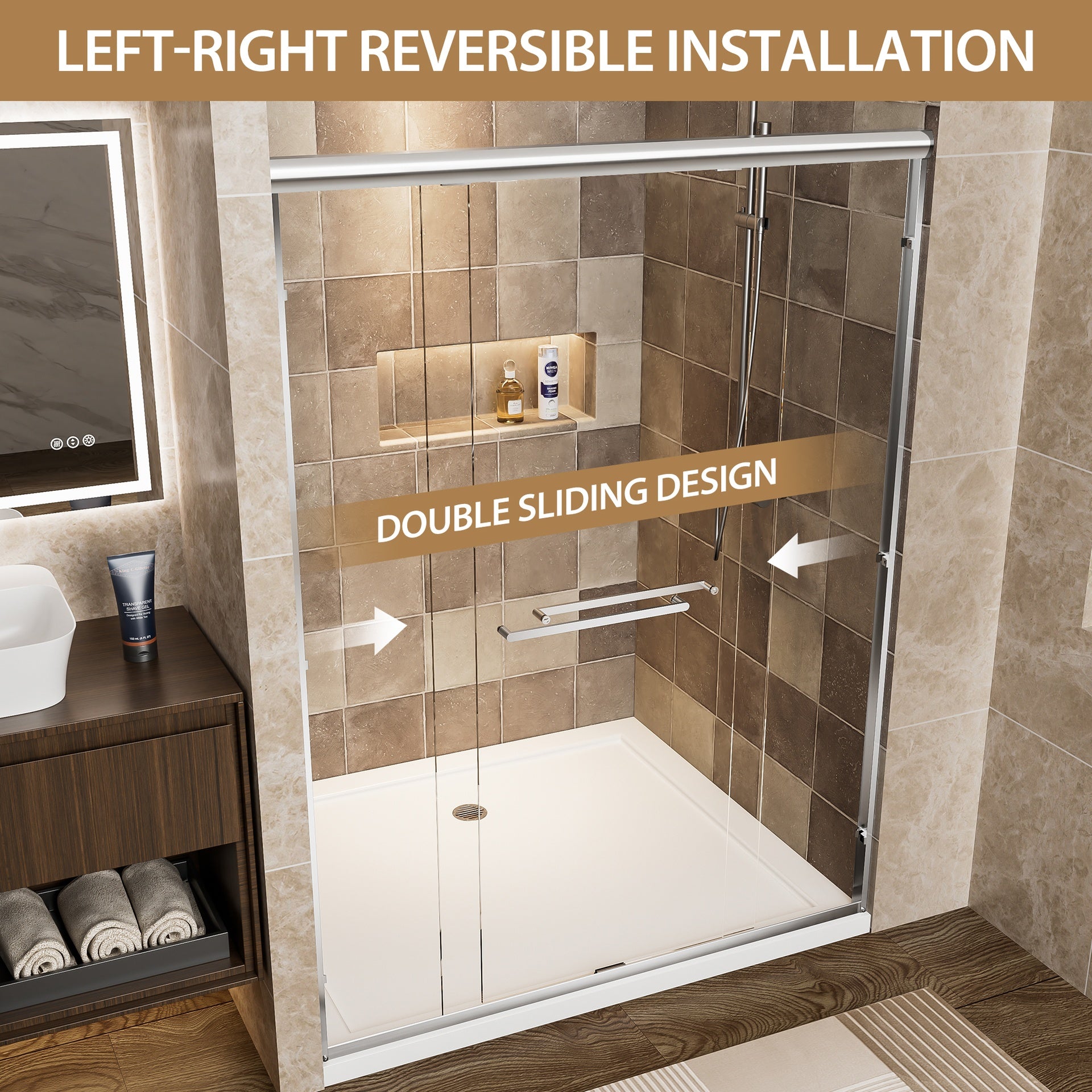 56"-60" W x 72" H Chrome Aluminum Frame Double Sliding Shower Door, 1/4" (6mm) Clear Tempered Glass With Explosion-proof Film, Dual Stainless Steel Handles