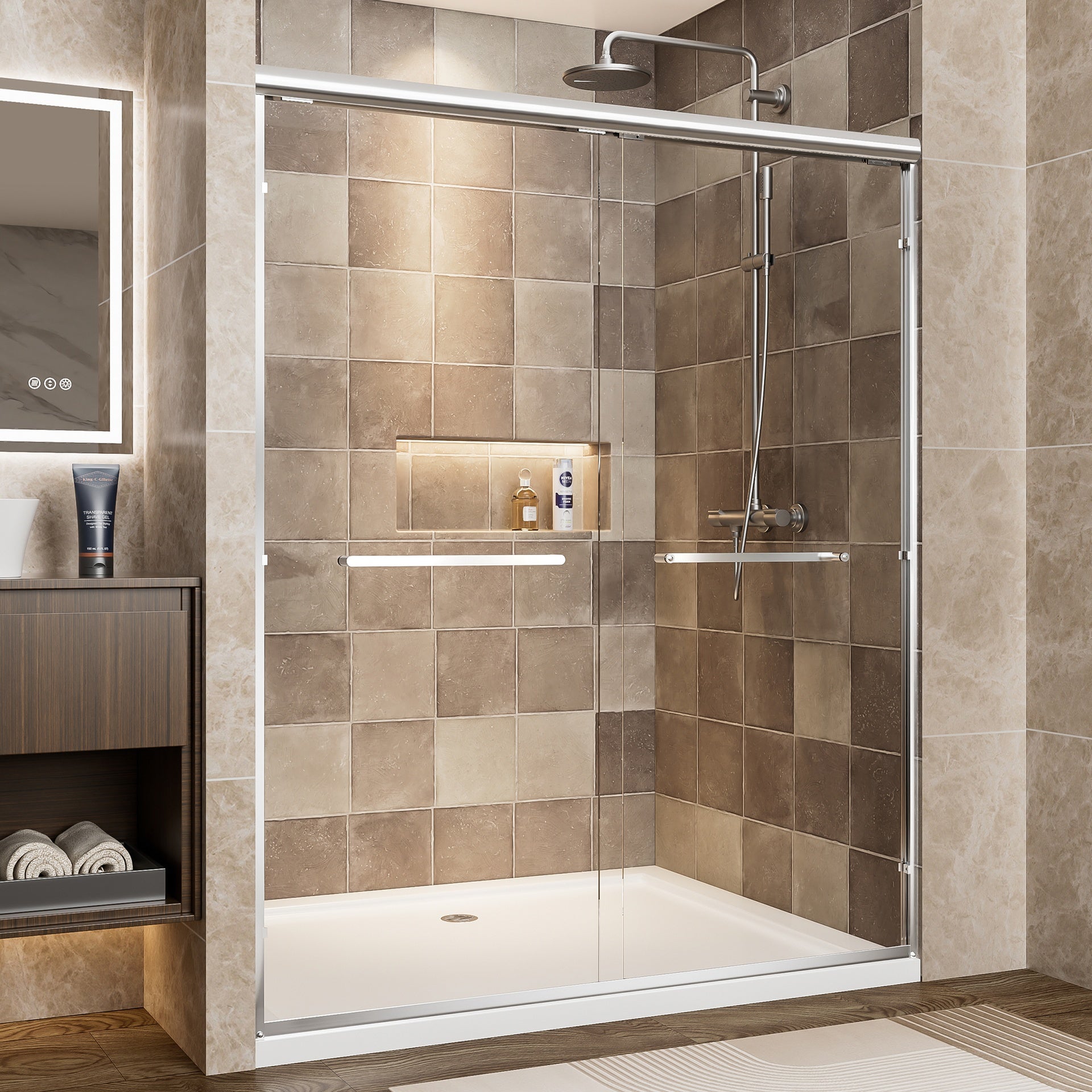 56"-60" W x 72" H Chrome Aluminum Frame Double Sliding Shower Door, 1/4" (6mm) Clear Tempered Glass With Explosion-proof Film, Dual Stainless Steel Handles
