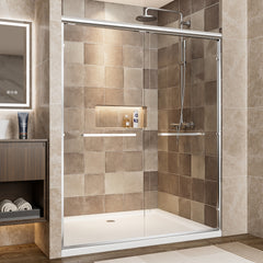 56"-60" W x 72" H Chrome Aluminum Frame Double Sliding Shower Door, 1/4" (6mm) Clear Tempered Glass With Explosion-proof Film, Dual Stainless Steel Handles