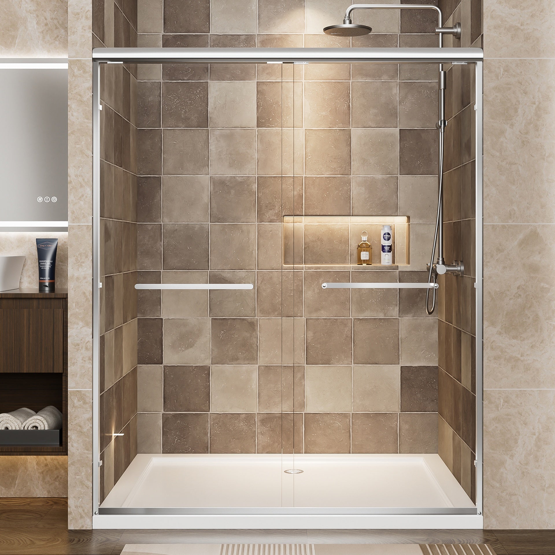 56"-60" W x 72" H Chrome Aluminum Frame Double Sliding Shower Door, 1/4" (6mm) Clear Tempered Glass With Explosion-proof Film, Dual Stainless Steel Handles