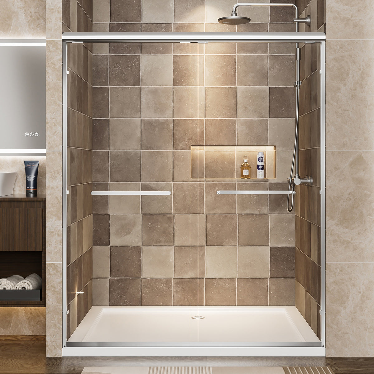 56"-60" W x 72" H Chrome Aluminum Frame Double Sliding Shower Door, 1/4" (6mm) Clear Tempered Glass With Explosion-proof Film, Dual Stainless Steel Handles