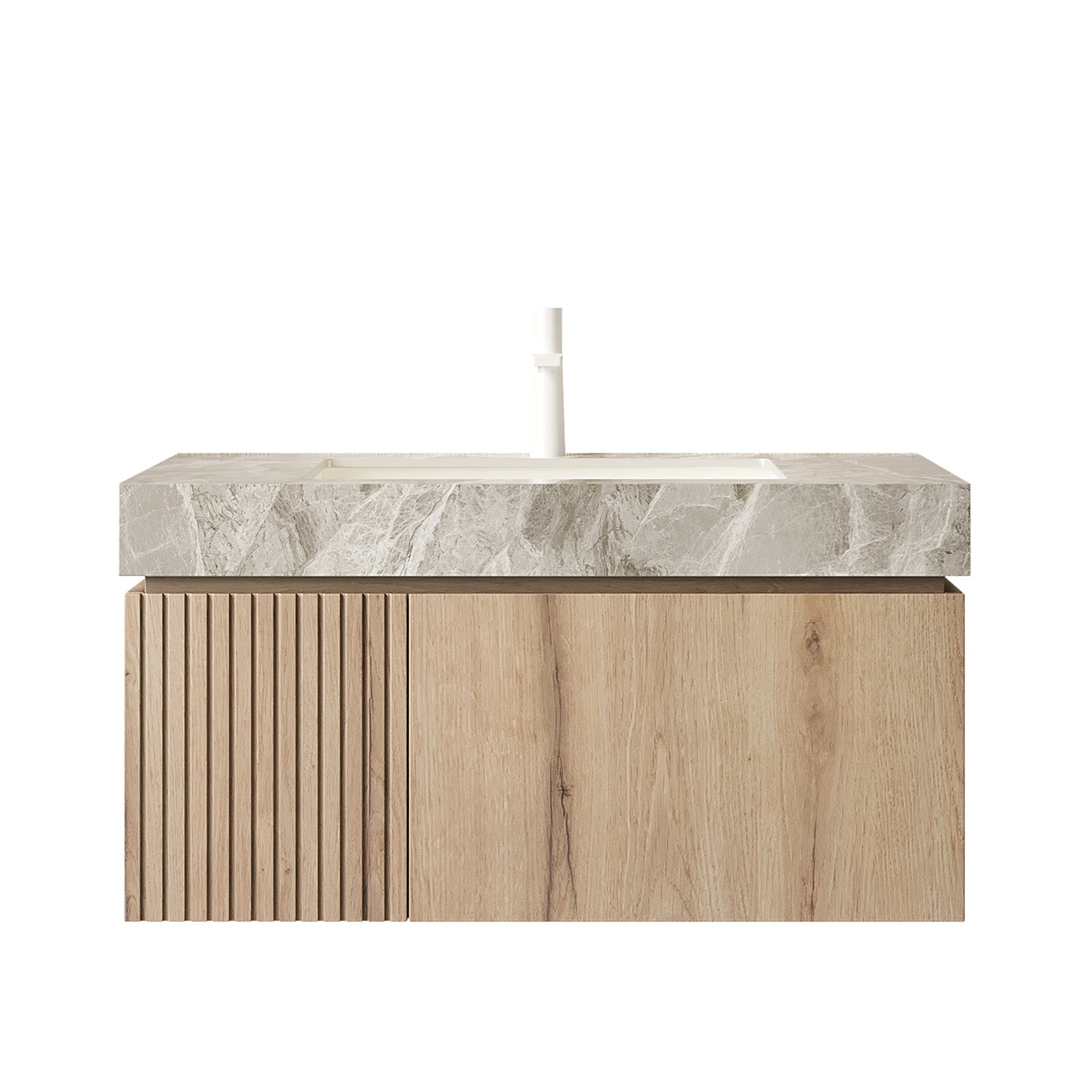 MURI 36" Bathroom Vanity with Sink, Floating Wall-Mounted Plywood Bathroom Storage Cabinet with Drawer & Door, Light Gray Sintered Stone Countertop with Basin, Pre-assembled, White Oak Woodgrain Color