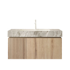 MURI 36" Bathroom Vanity with Sink, Floating Wall-Mounted Plywood Bathroom Storage Cabinet with Drawer & Door, Light Gray Sintered Stone Countertop with Basin, Pre-assembled, White Oak Woodgrain Color