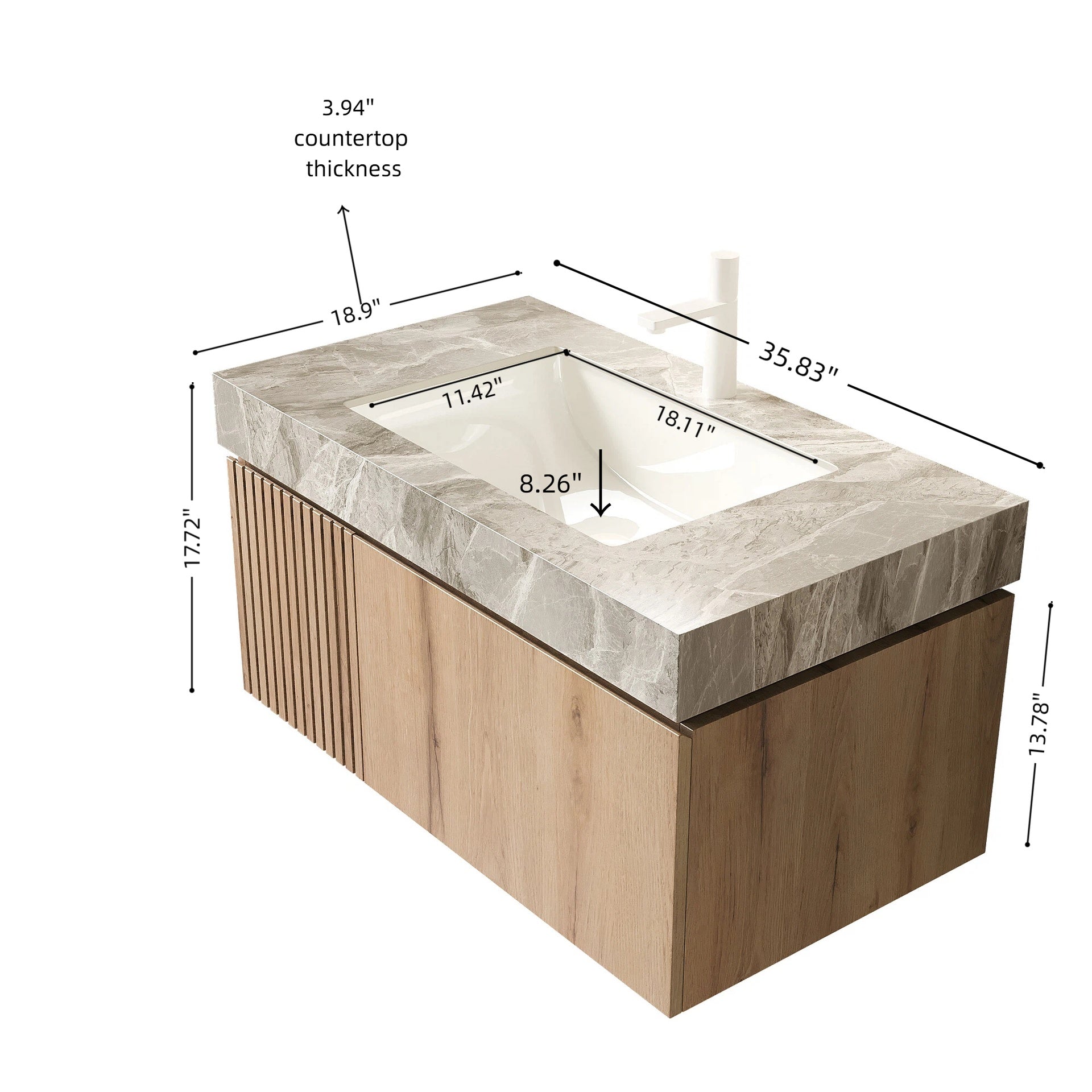 MURI 36" Bathroom Vanity with Sink, Floating Wall-Mounted Plywood Bathroom Storage Cabinet with Drawer & Door, Light Gray Sintered Stone Countertop with Basin, Pre-assembled, White Oak Woodgrain Color