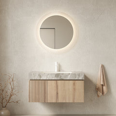 MURI 36" Bathroom Vanity with Sink, Floating Wall-Mounted Plywood Bathroom Storage Cabinet with Drawer & Door, Light Gray Sintered Stone Countertop with Basin, Pre-assembled, White Oak Woodgrain Color