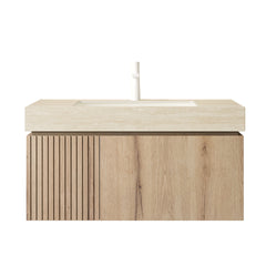 MURI 36" Bathroom Vanity&Sink, Floating Plywood Storage Cabinet with Drawer&Door, Roma Travertine Sintered Stone Top&Ceramic Basin with 1 Pre-drilled Faucet Hole, Pre-assembled, White Oak Woodgrain