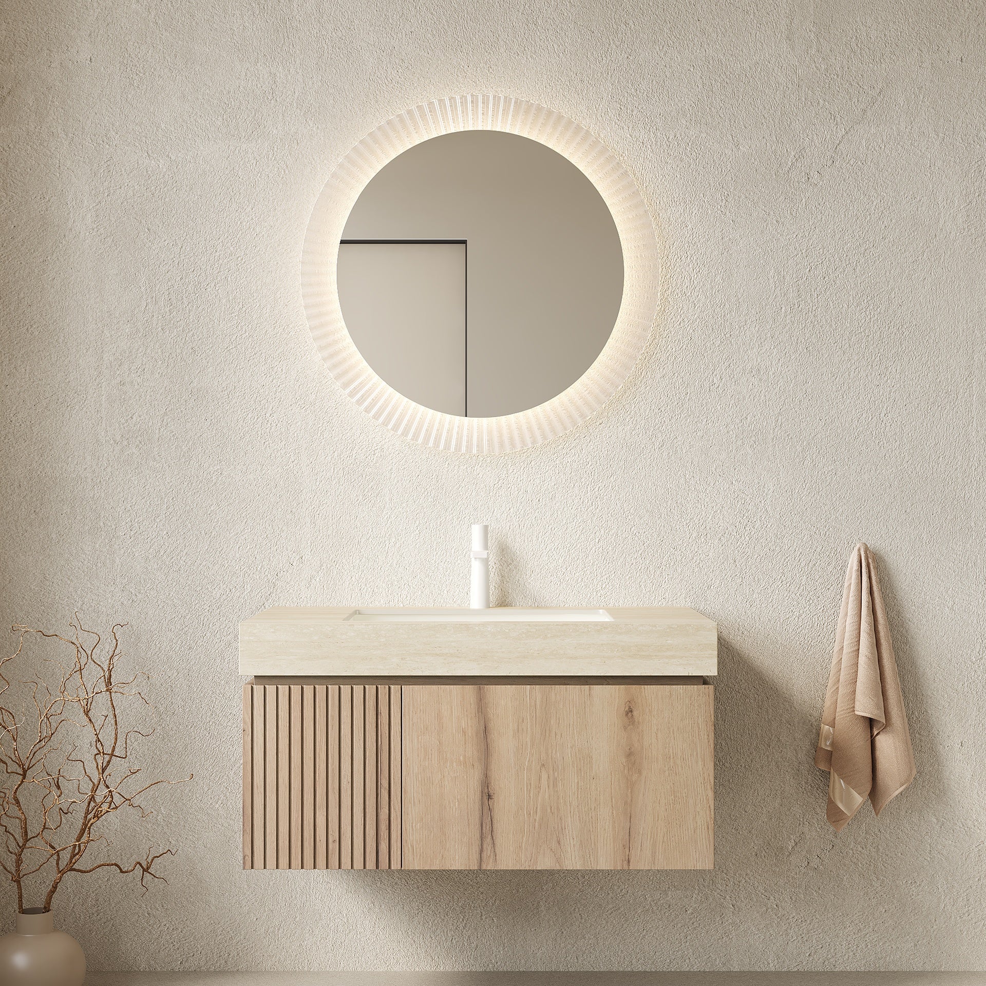 MURI 36" Bathroom Vanity&Sink, Floating Plywood Storage Cabinet with Drawer&Door, Roma Travertine Sintered Stone Top&Ceramic Basin with 1 Pre-drilled Faucet Hole, Pre-assembled, White Oak Woodgrain