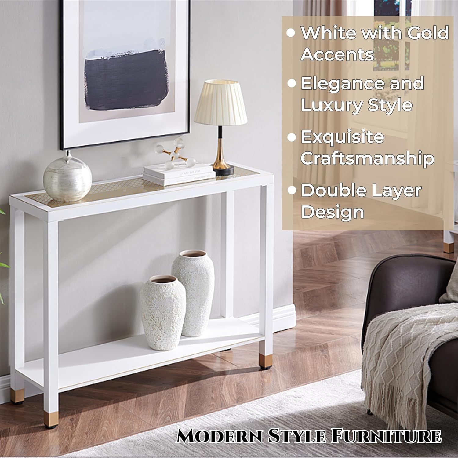 Glass Entryway Table, 2-Tier Entry Way Console Entrance Table, 41"L Narrow Sofa Table with Shelves, Ideal for Hallway, Entryway, Living Room, Foyer, Corridor, and Office (Gold & White)