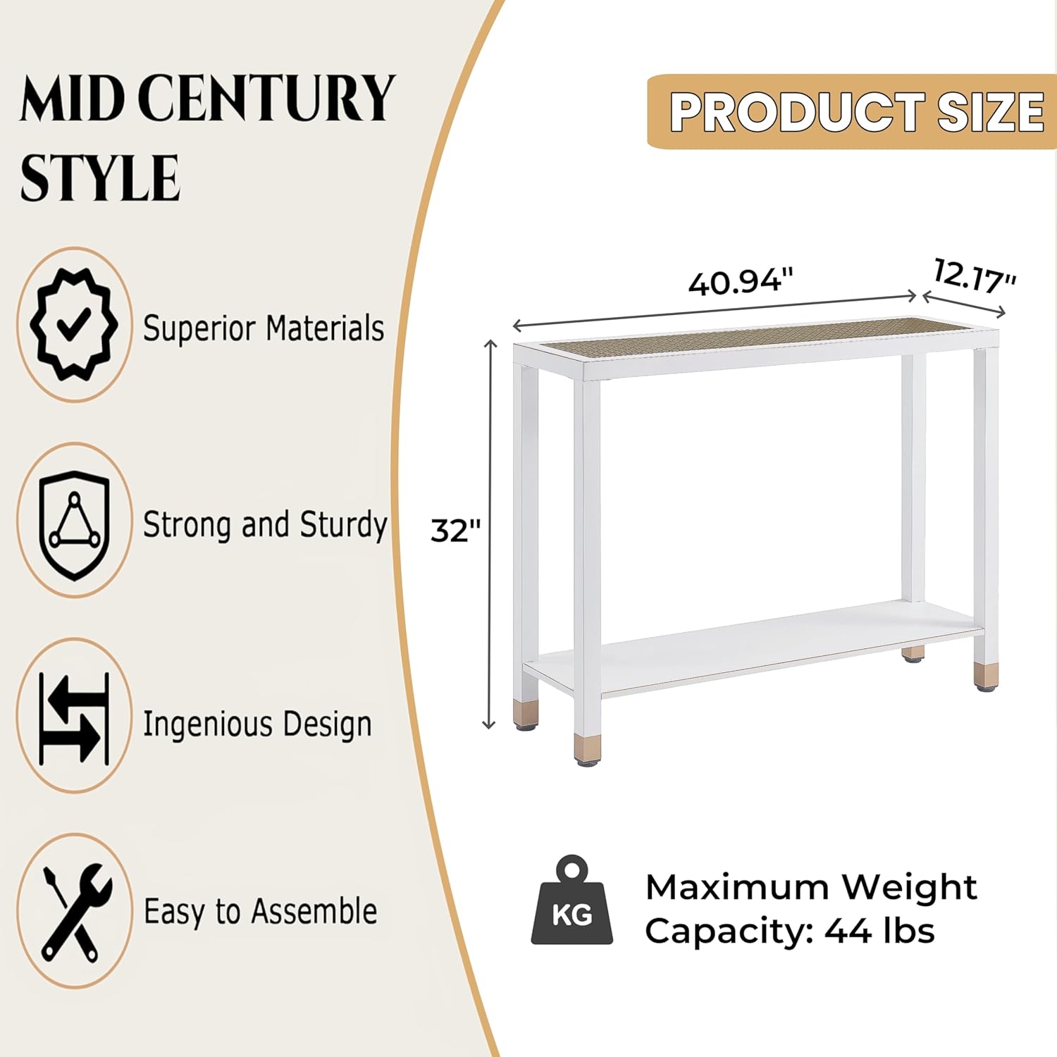 Glass Entryway Table, 2-Tier Entry Way Console Entrance Table, 41"L Narrow Sofa Table with Shelves, Ideal for Hallway, Entryway, Living Room, Foyer, Corridor, and Office (Gold & White)