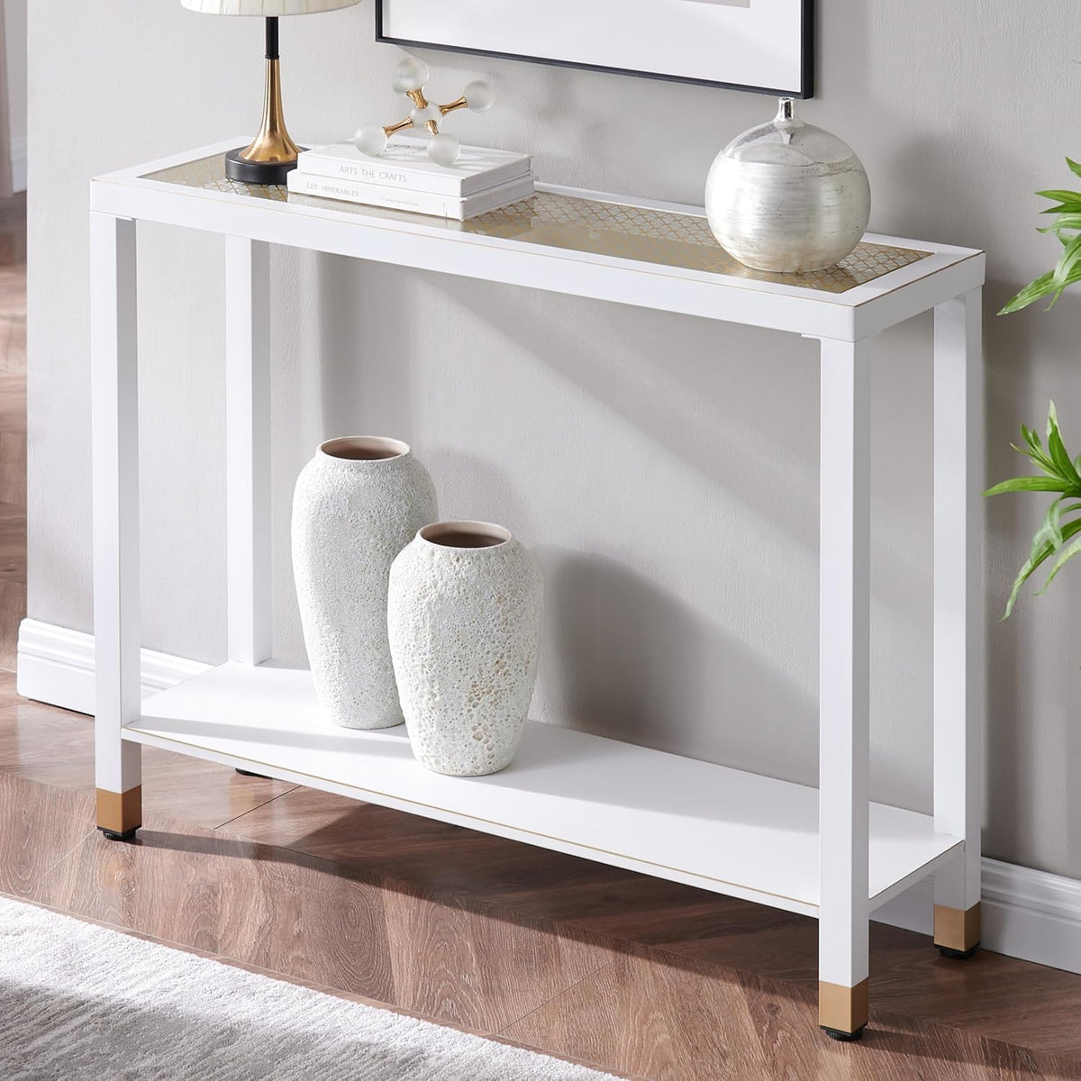 Glass Entryway Table, 2-Tier Entry Way Console Entrance Table, 41"L Narrow Sofa Table with Shelves, Ideal for Hallway, Entryway, Living Room, Foyer, Corridor, and Office (Gold & White)