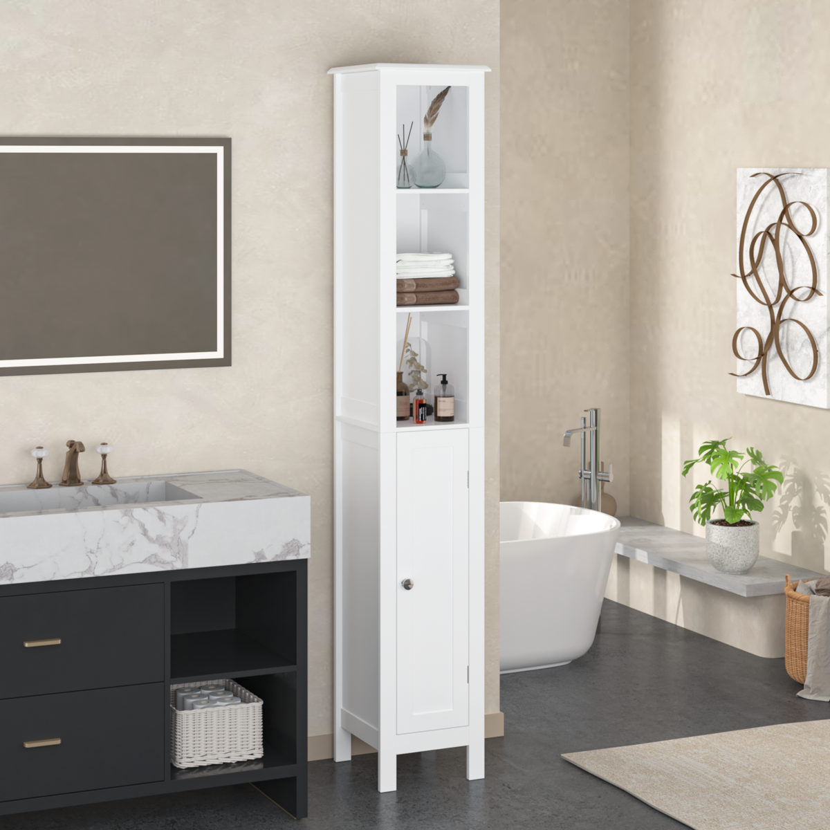 66.92" Tall Bathroom Storage Cabinet with Adjustable Shelves,Slim 1 Doors Freestanding Cabinet with Anti-Tip, Open compartments, for Home, Small Spaces, Bathroom,Kitchen, Living Room, White