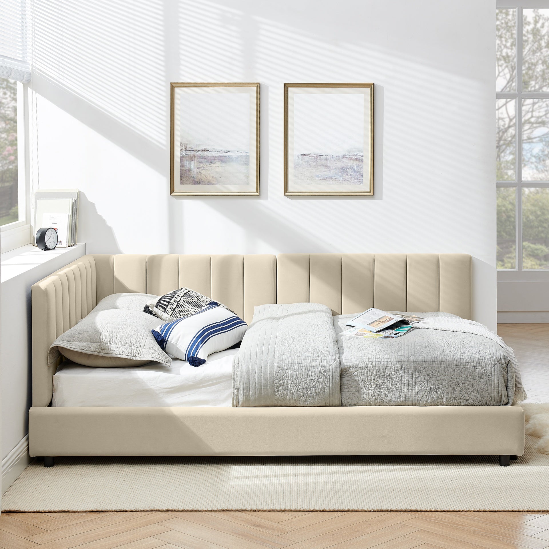 Full Size Upholstered Tufted Bed Frame, Sofa Bed Frame with Comfortable Backrest and Armrests, Full Size Bed for Bedroom, Living Room,Velvet-Beige(81''*60''*29.5'')