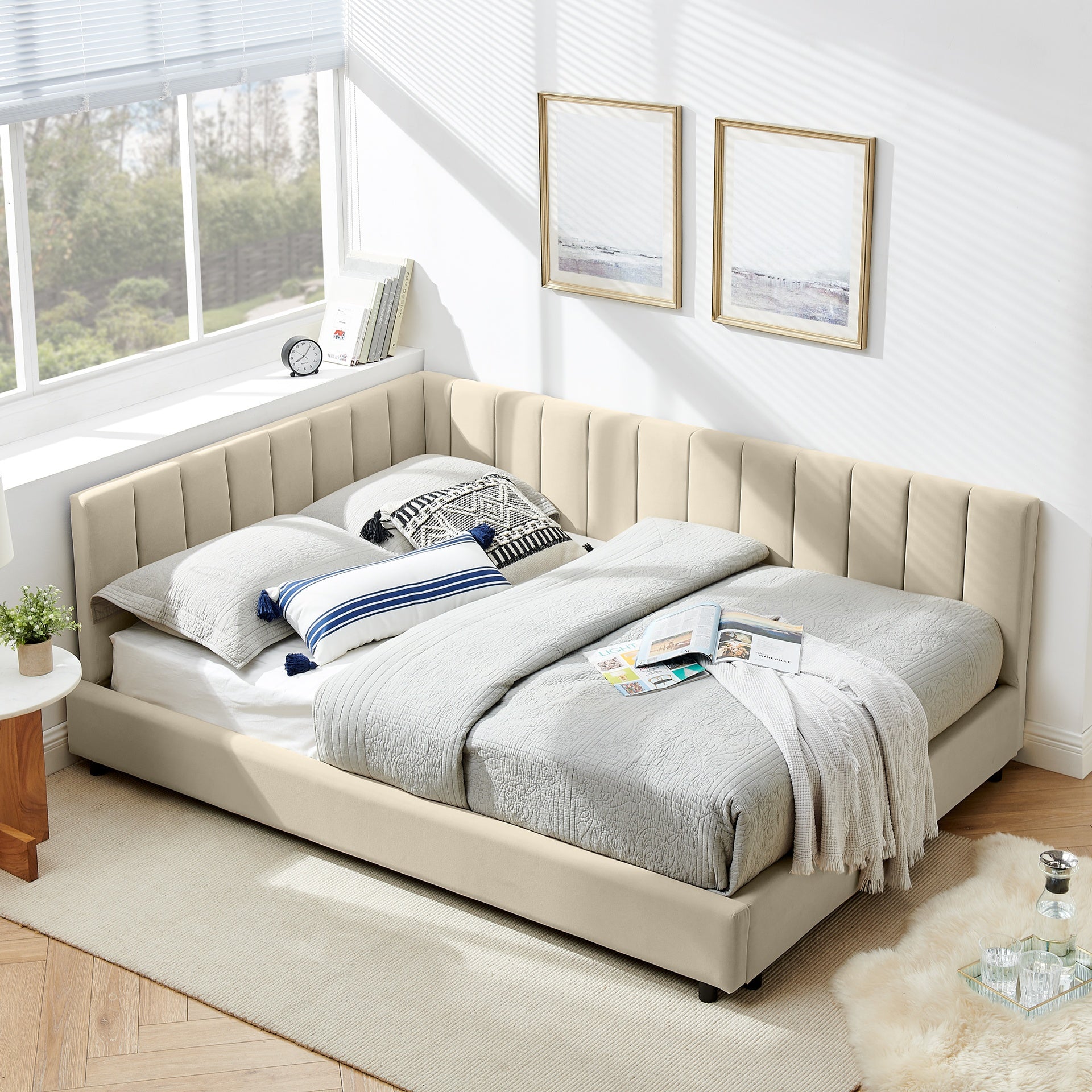 Full Size Upholstered Tufted Bed Frame, Sofa Bed Frame with Comfortable Backrest and Armrests, Full Size Bed for Bedroom, Living Room,Velvet-Beige(81''*60''*29.5'')