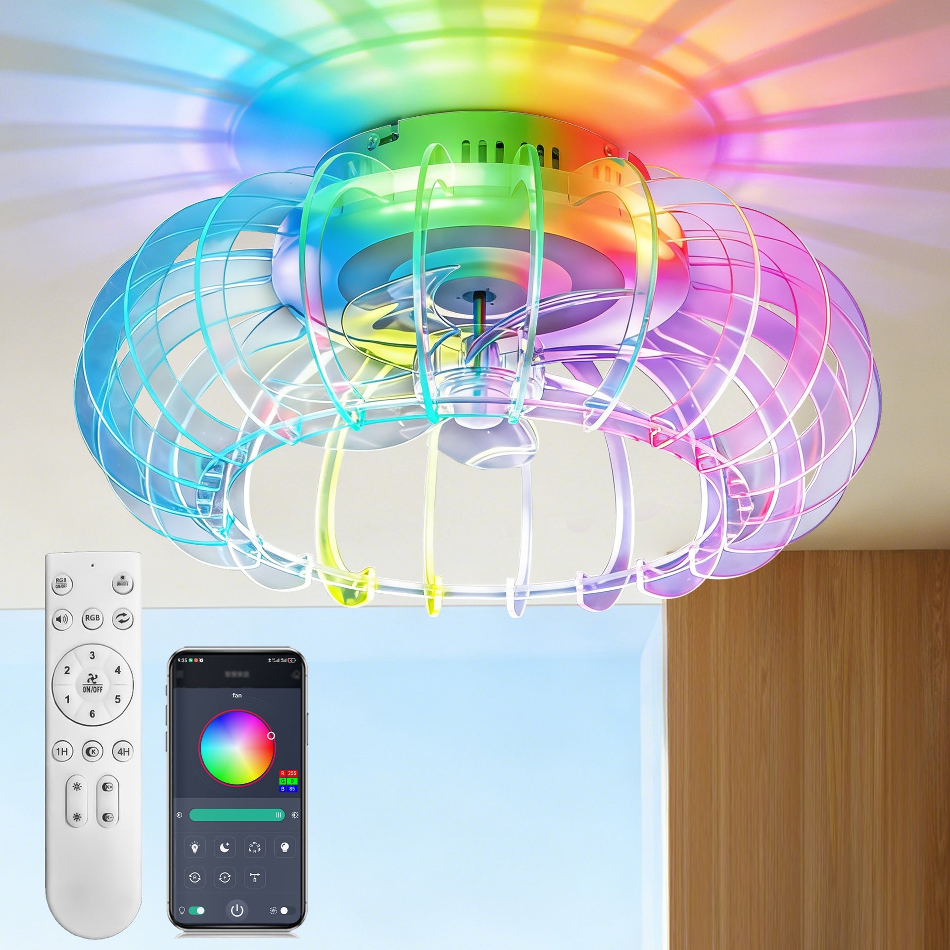 21'' Low Profile Bladeless Ceiling Fan with Lights Dimmable LED Enclosed Ceiling Fans with Light and Remote 6 Wind Speeds Reversible Ceiling Fan with Bluetooth Speaker for Kids Room Bedroom Party