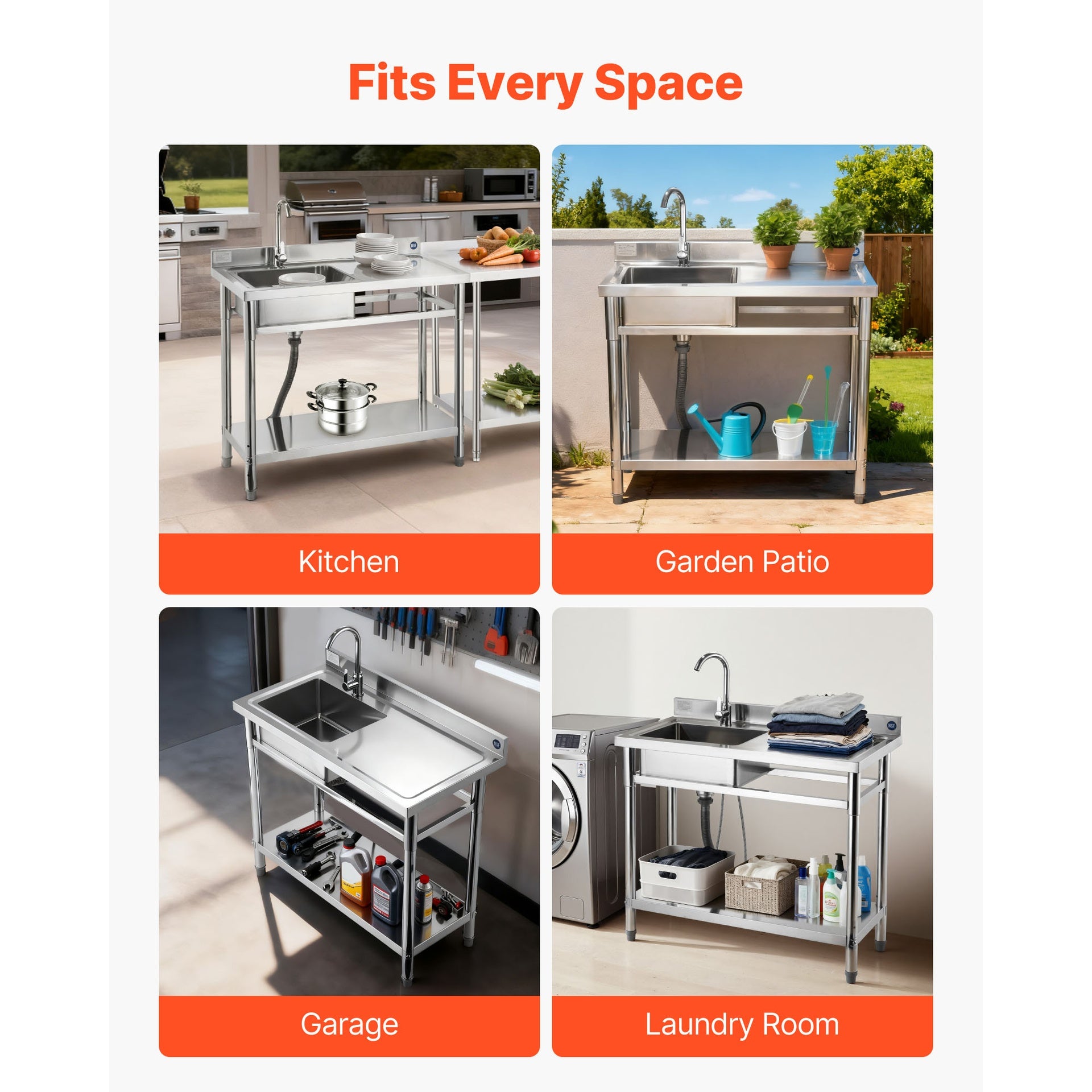 Stainless Steel Utility Sink, Free Standing Single Bowl Commercial Kitchen Sink with Faucet, 39.4 x 19.7 x 37 in, Utility Right Basin with Hot & Cold Water Pipe for Garage, Restaurant, Laundry