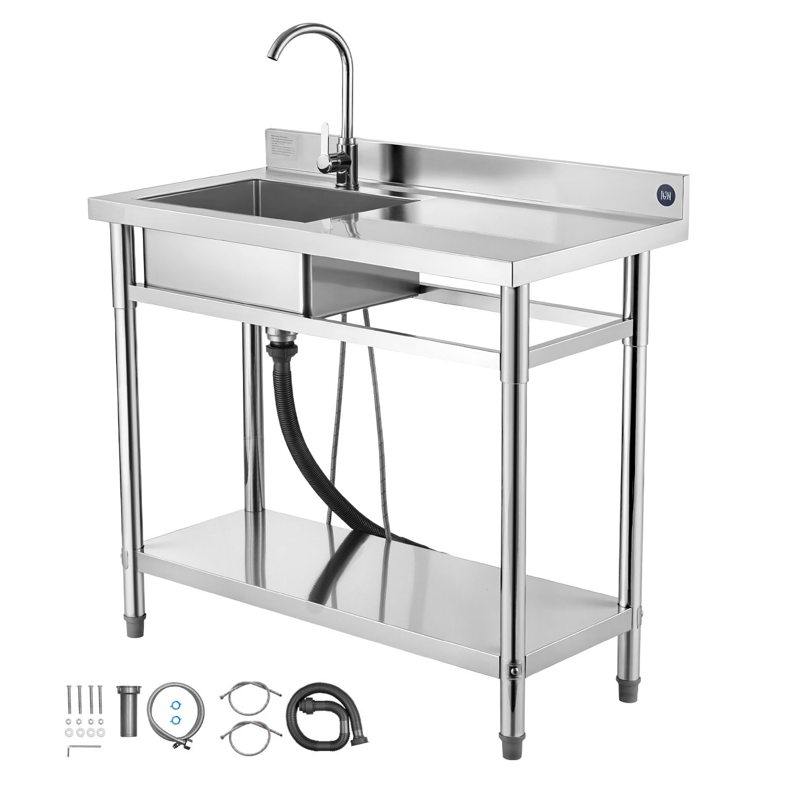 Stainless Steel Utility Sink, Free Standing Single Bowl Commercial Kitchen Sink with Faucet, 39.4 x 19.7 x 37 in, Utility Right Basin with Hot & Cold Water Pipe for Garage, Restaurant, Laundry