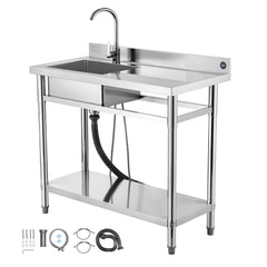Stainless Steel Utility Sink, Free Standing Single Bowl Commercial Kitchen Sink with Faucet, 39.4 x 19.7 x 37 in, Utility Right Basin with Hot & Cold Water Pipe for Garage, Restaurant, Laundry