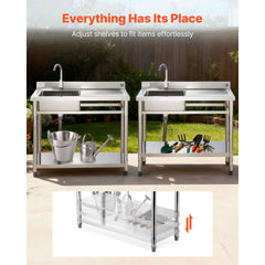 Stainless Steel Utility Sink, Free Standing Single Bowl Commercial Kitchen Sink with Faucet, 39.4 x 19.7 x 37 in, Utility Right Basin with Hot & Cold Water Pipe for Garage, Restaurant, Laundry