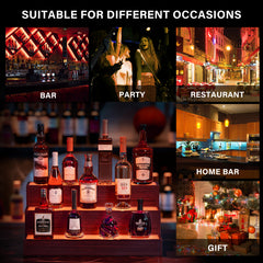 LED Lighted Liquor Bottle Display Shelf, 24 Inch Bar Display Shelf, DIY Illuminated Bottle Shelf with App & Remote Control, 3 Step Freestanding Holding Bottles for Home Bar, Party, Walnut