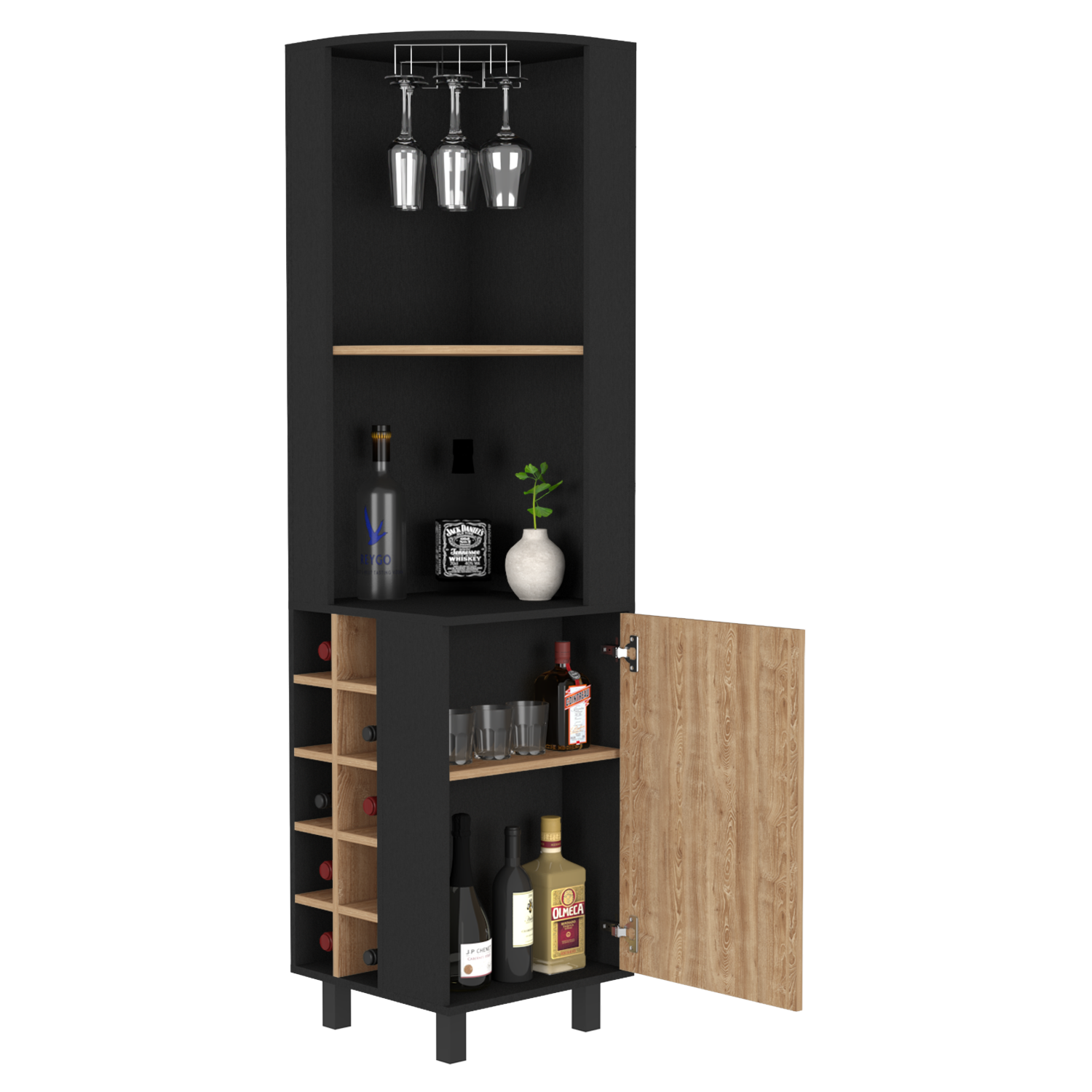 Corner Bar Cabinet Cleveland, Living Room, Black / Pine