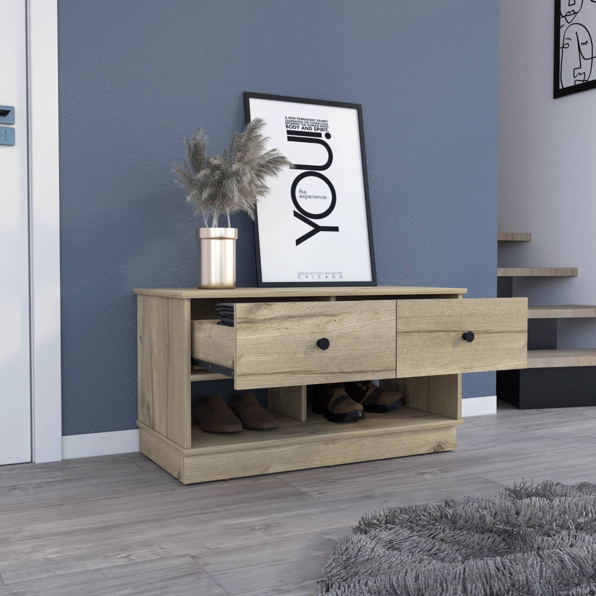 Storage Bench Beji, Lower Shelf, Two Drawers, Light Oak Finish