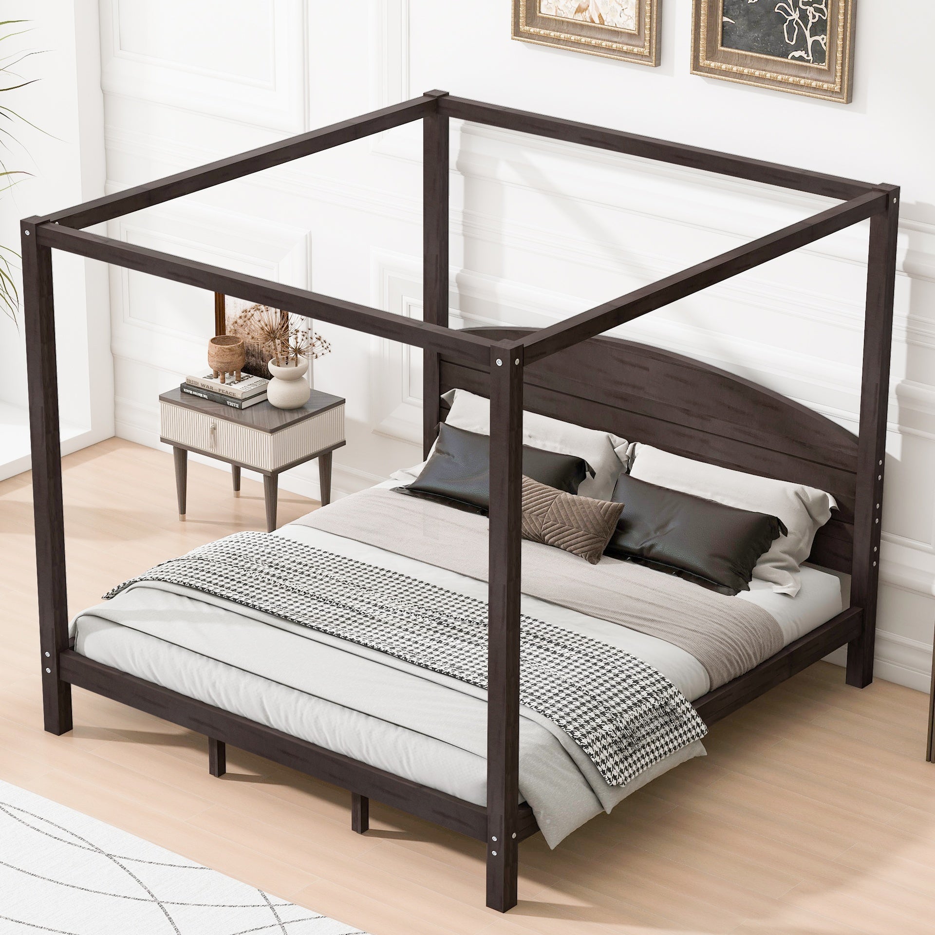 King Size Canopy Platform Bed with Headboard and Support Legs, Brown Wash