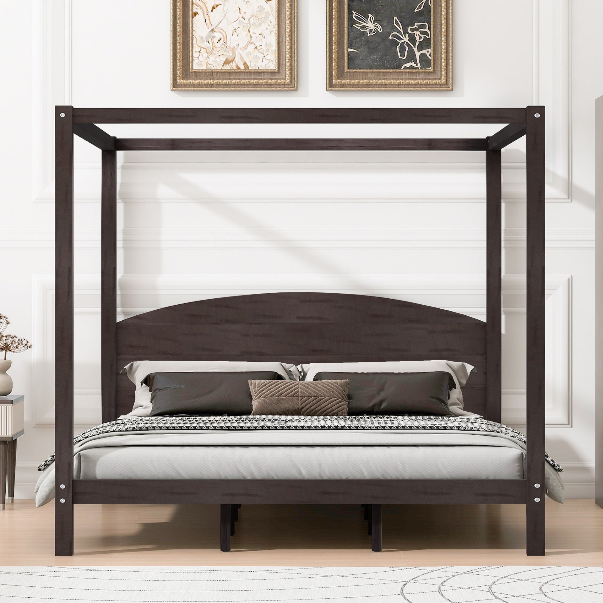 King Size Canopy Platform Bed with Headboard and Support Legs, Brown Wash