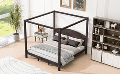 King Size Canopy Platform Bed with Headboard and Support Legs, Brown Wash