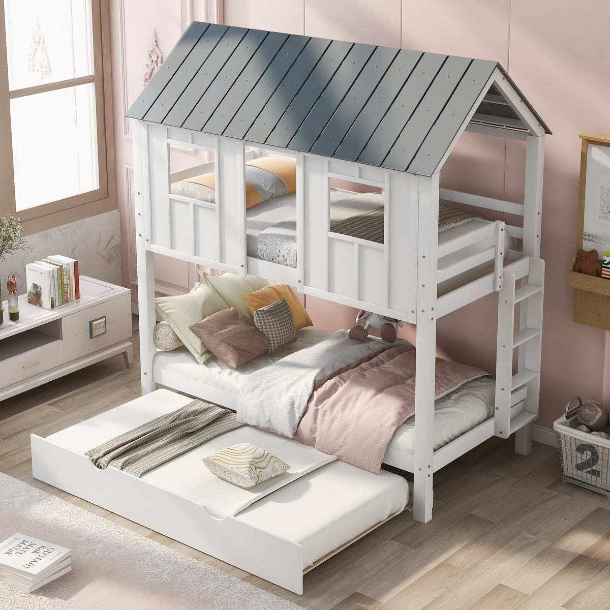 Twin Size House Bunk Bed with Trundle,Roof and Windows,White+Grey