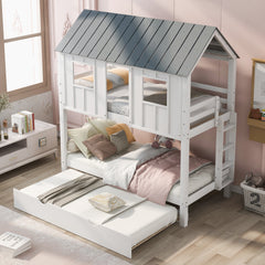Twin Size House Bunk Bed with Trundle,Roof and Windows,White+Grey