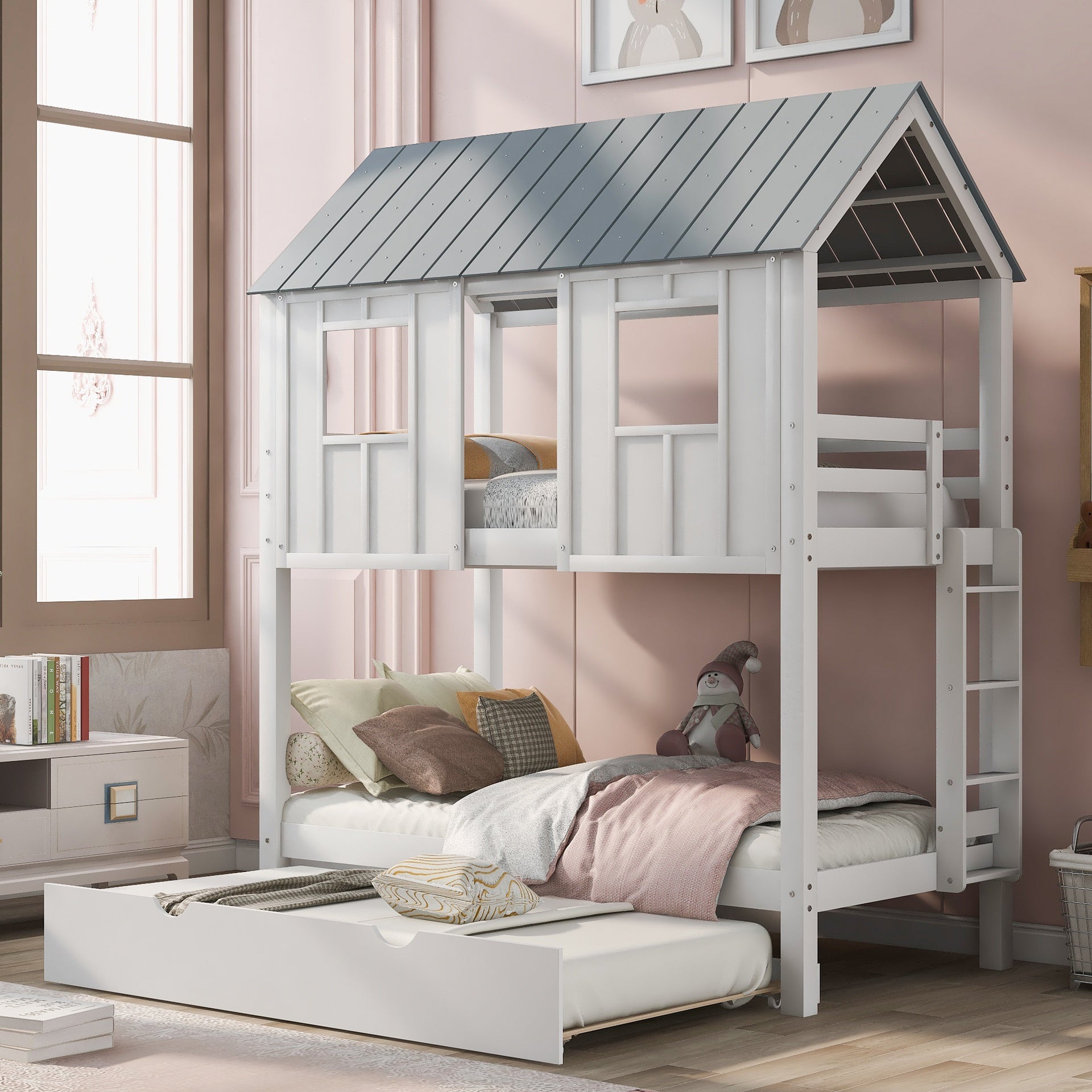 Twin Size House Bunk Bed with Trundle,Roof and Windows,White+Grey