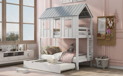 Twin Size House Bunk Bed with Trundle,Roof and Windows,White+Grey