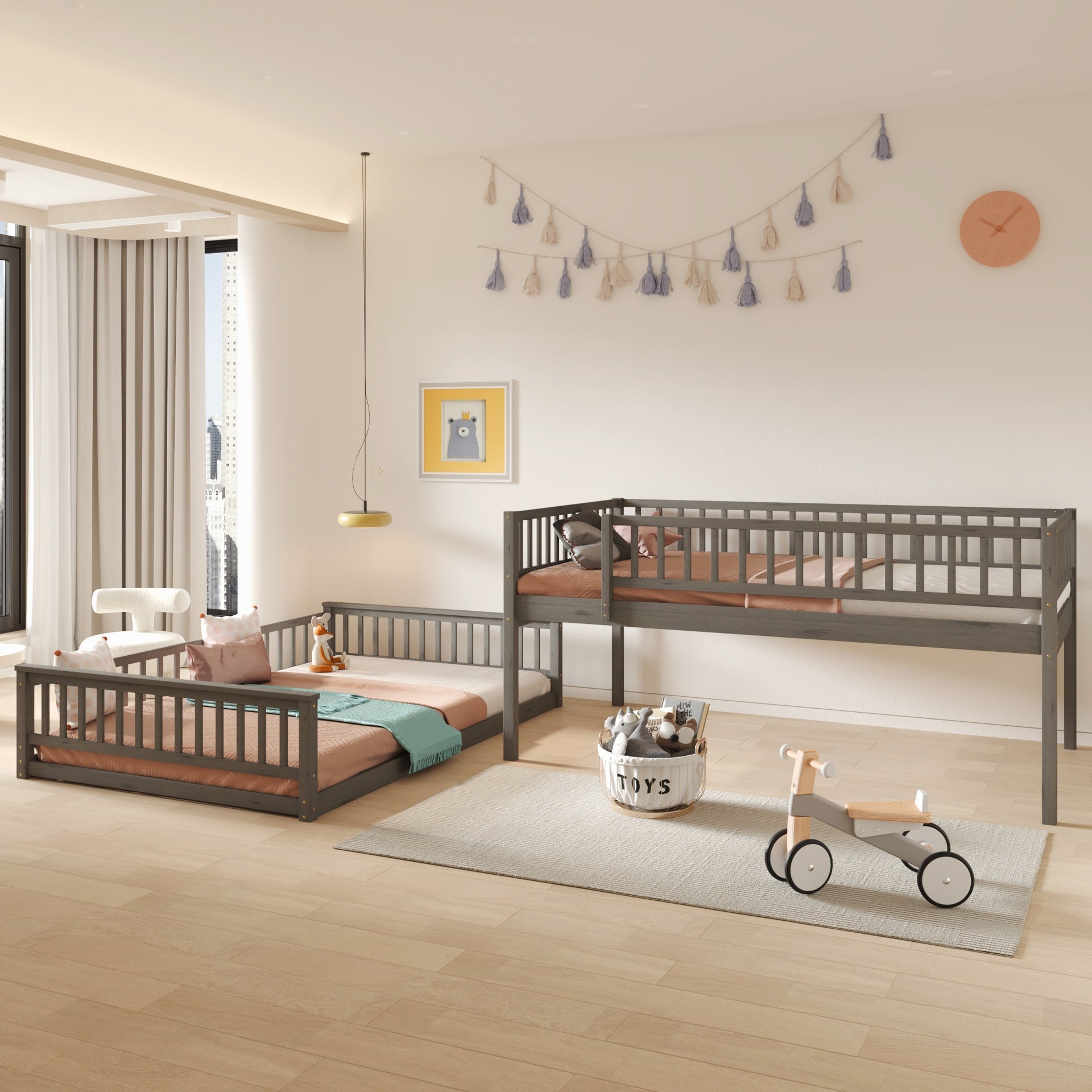Full XL over Queen Bunk Bed with Ladder and Guardrails, Gray