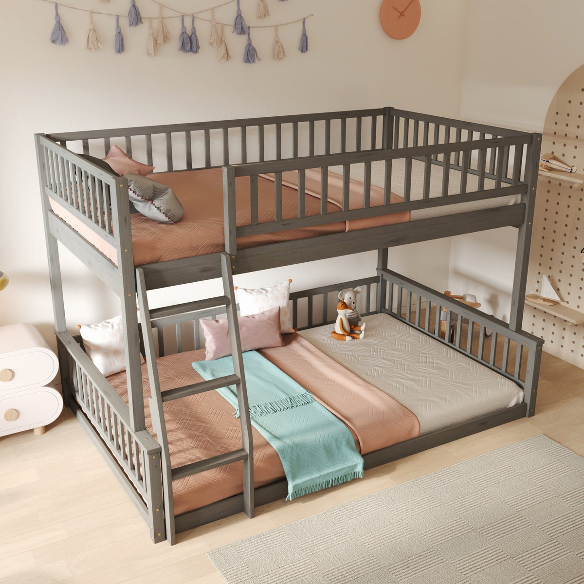 Full XL over Queen Bunk Bed with Ladder and Guardrails, Gray