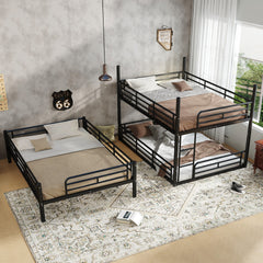 Full over Full over Full Bunk Bed, Metal Triple Bunk Bed with Safety Guardrails, Heavy-duty Bunk Bed with Noise-reduced Design, Black
