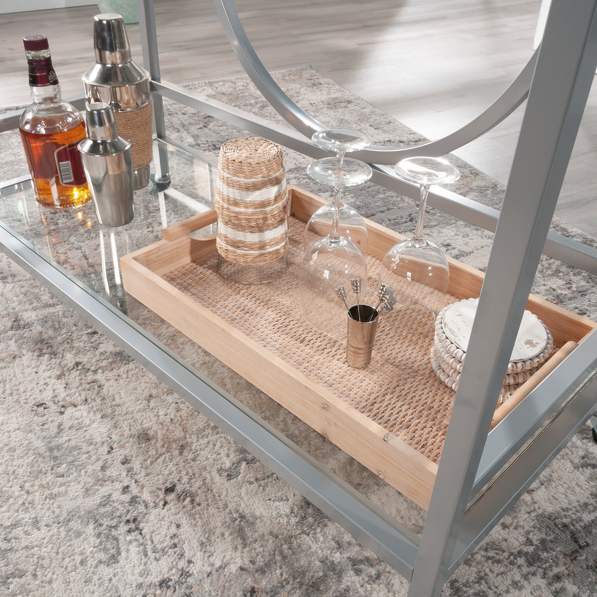 Contemporary Bar Cart with 2 Glass Shelves, Gray finish