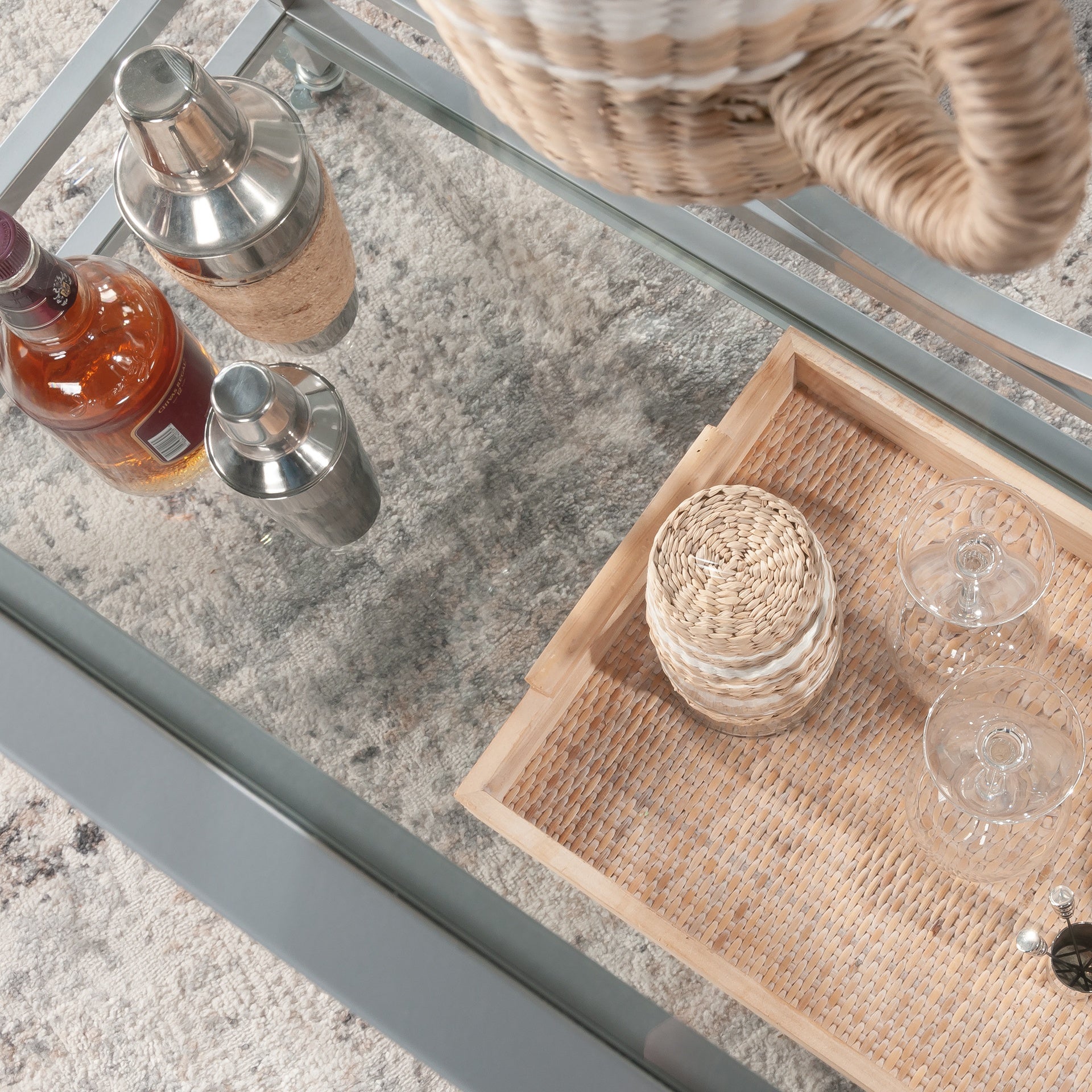 Contemporary Bar Cart with 2 Glass Shelves, Gray finish